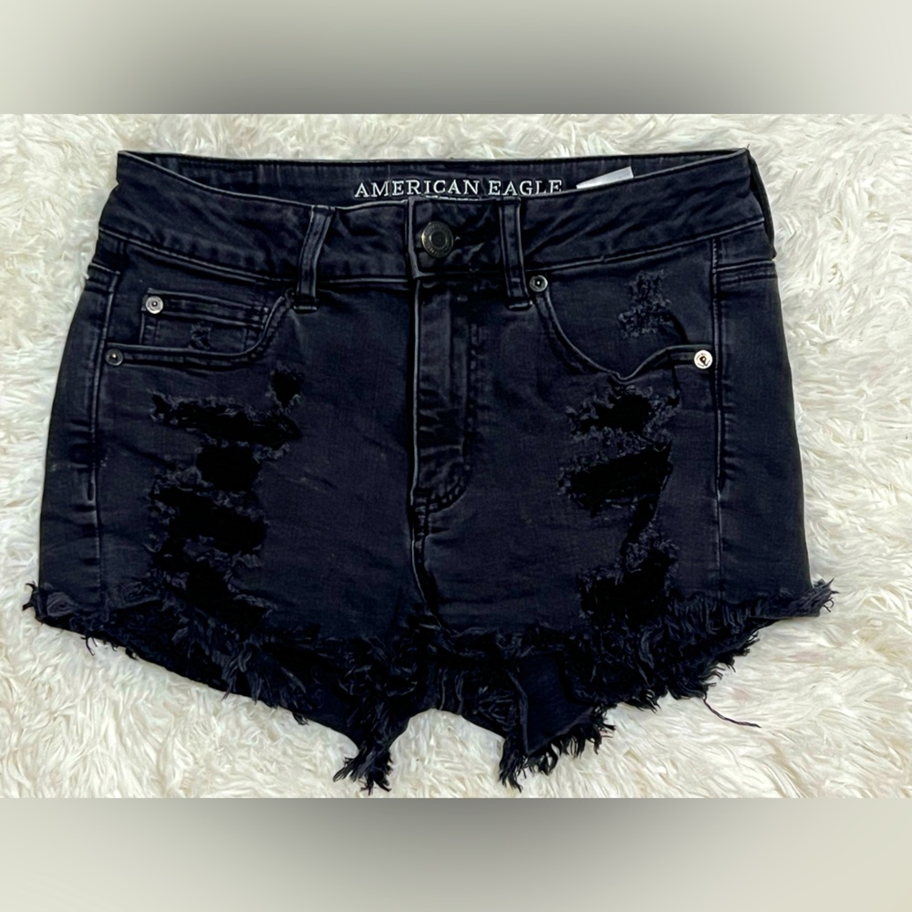 American Eagle Super Stretch Hi-Rise Shortie Black Distressed Jean Shorts